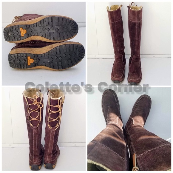 Timberland Tall Fauna Brown Suede Tan Moccasin Lace Up Low Wedge Sherling Boots - Picture 5 of 8